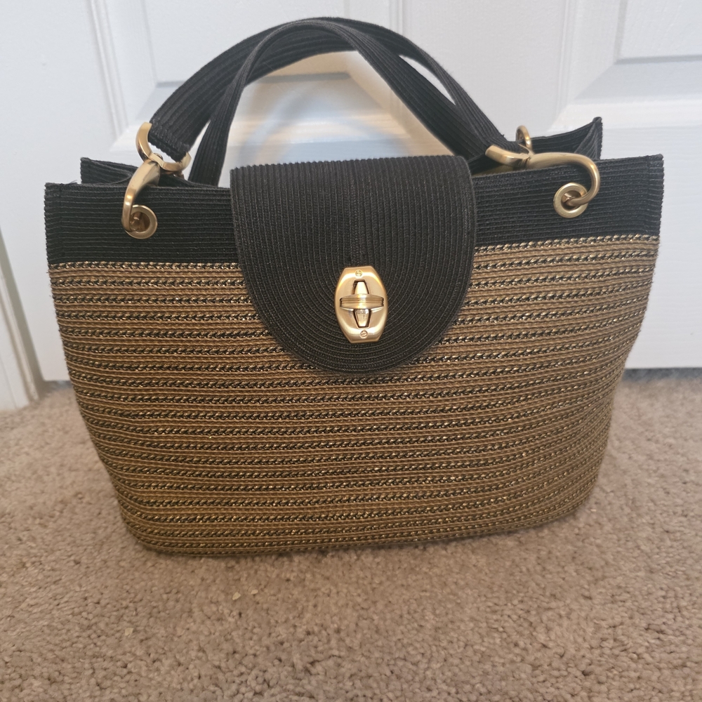 Eric Javits Black and Gold Straw Tote